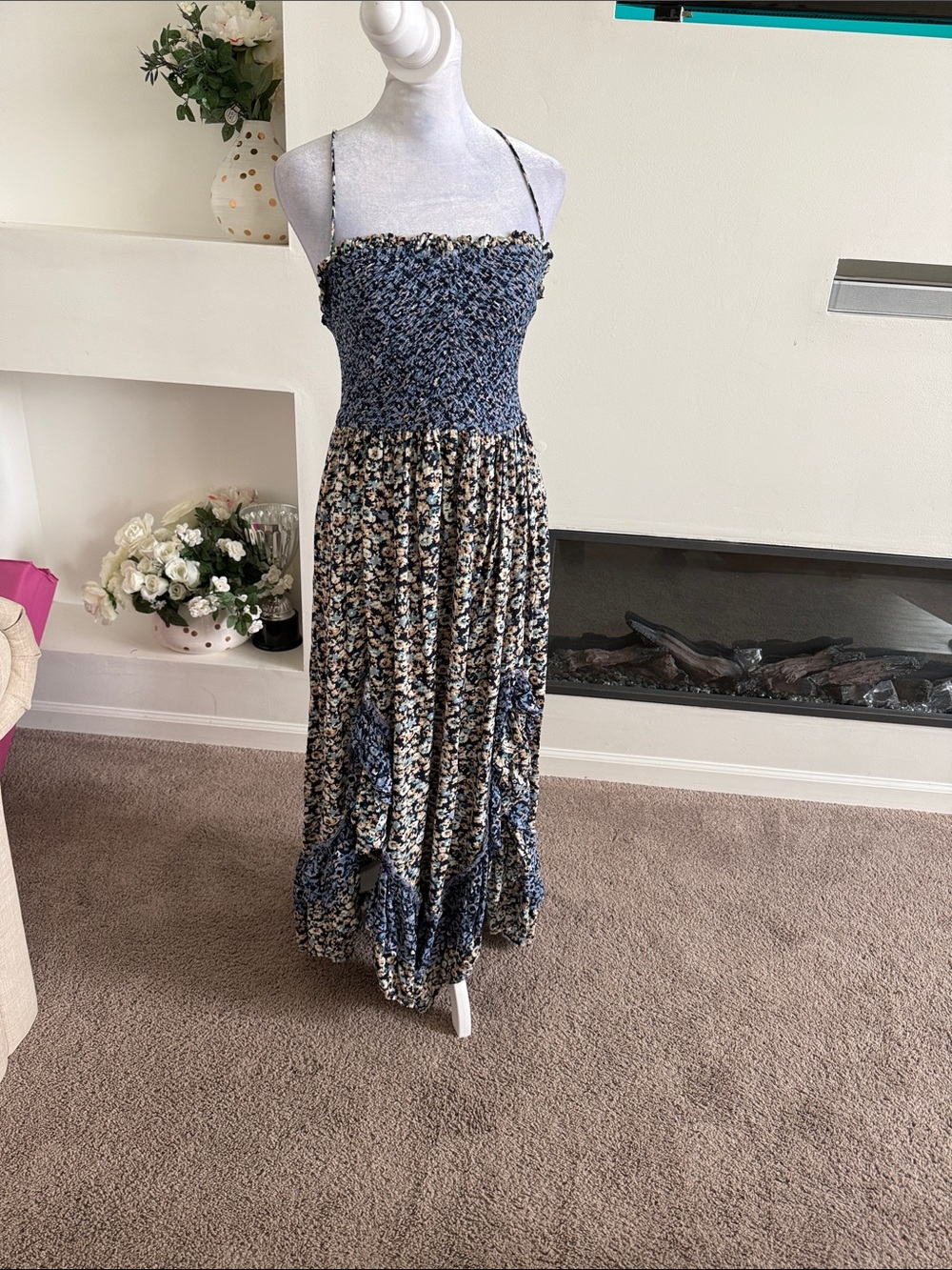 Smocked Floral Midi Dress - Blue Floral